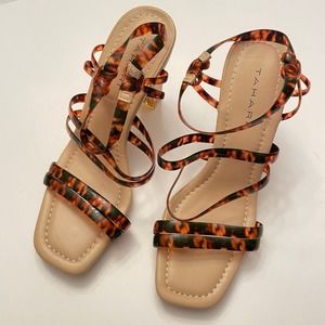 Tahari Patrika Tortoise Shell Ankle Strap Block Clear Heeled Sandals Size 6.5